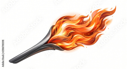 Burning metallic torch with bright orange and red fire flame isolated on a white background