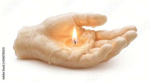 Symbolic Hand Shaped Candle Lit with a Small Flame Representing Hope Peace and Spirituality Isolated on White Background