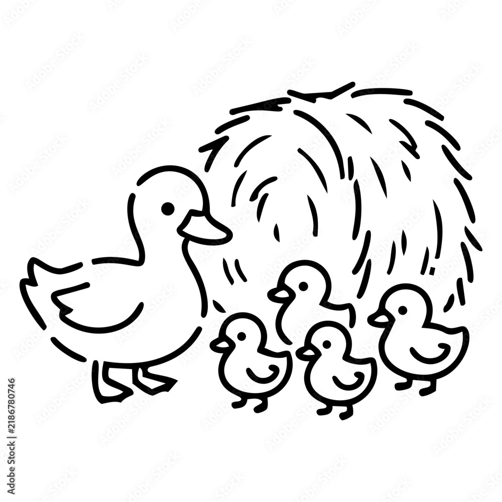 Fototapeta premium Cute Duck with Four Ducklings Near a Haystack Illustration