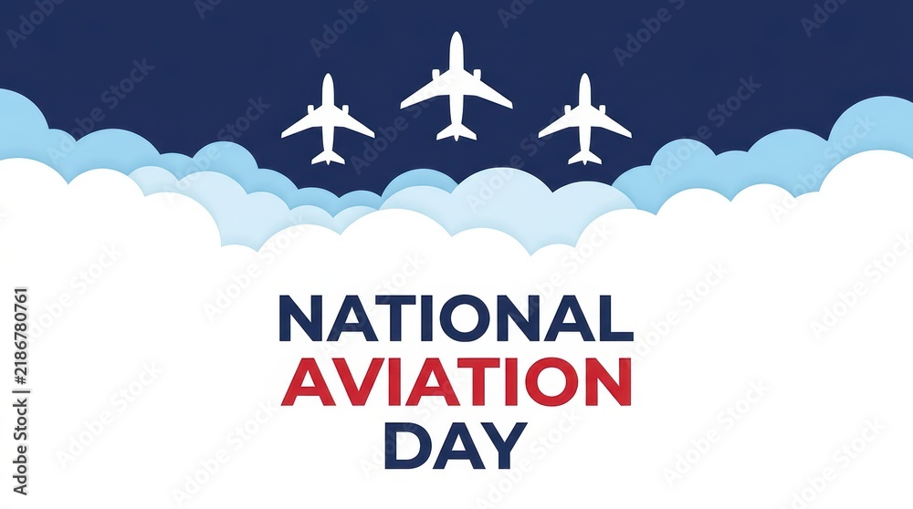 Obraz premium National aviation day celebration with three white airplanes flying high in the blue sky above fluffy clouds