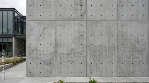 Modern architectural building exterior with smooth grey concrete wall panels.