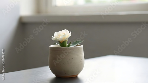 Faded ceramic flower pot with pale artificial bloom, enduring beauty and quiet simplicity concept