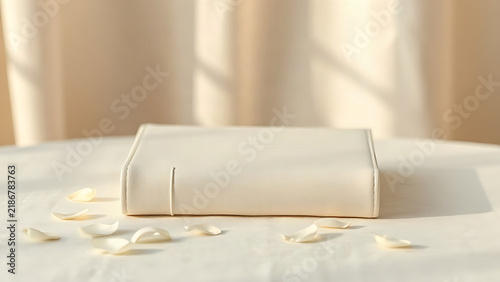 White leather guestbook with flower petals, wedding event concept