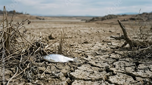 Dead fish lying on cracked dry earth during a severe drought