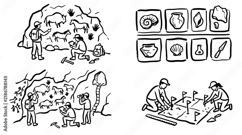 Fototapeta premium Archaeology and cave exploration black and white vector set