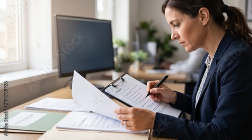 Focused female professional auditor reviewing a compliance checklist and policy documents in a modern corporate office.