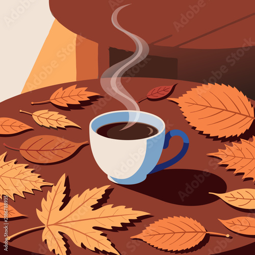 Autumn coffee cup with steam and fallen leaves. Cozy fall beverage on wooden table. Seasonal flat vector illustration.