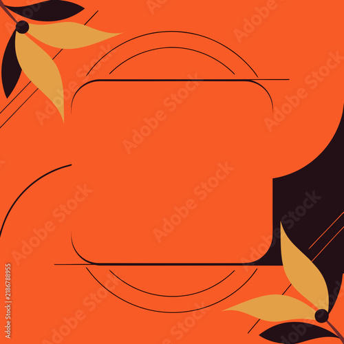 Autumnal floral background with geometric frame. Orange botanical border for social media. Minimalist fall leaf vector illustration.