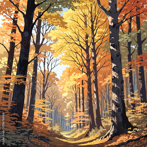 Autumn forest landscape vector, golden fall trees in sunny woodland, seasonal nature background with orange foliage