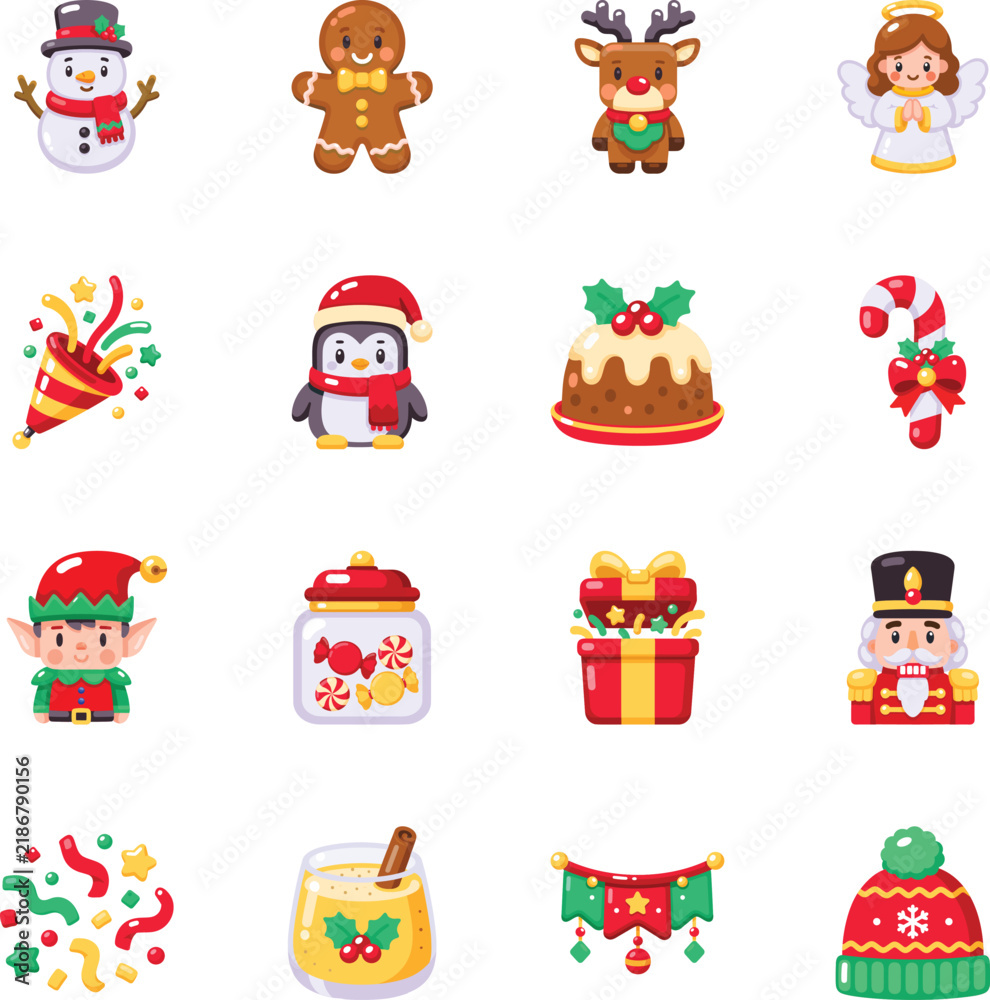 Fototapeta premium Cheerful Christmas icon set featuring festive characters, candies, party decorations, winter drinks, holiday gifts, seasonal clothing. 