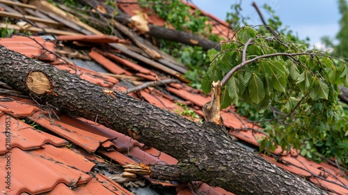 Fallen tree trunk and branches on damaged red roof tiles
