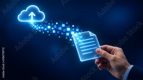Obraz na płótnie Cloud computing document upload concept with hand holding digital file transforming into data particles for secure online storage network