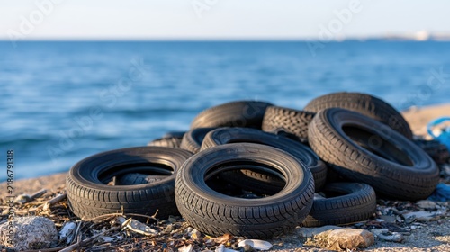 Old rubber tires dumped on sea shore