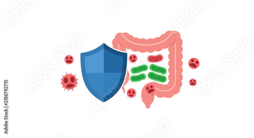 Intestinal Health Illustration with Protective Shield Against Pathogens