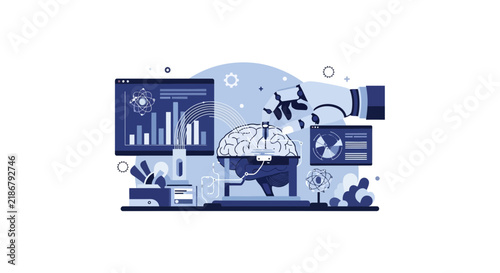 Artificial Intelligence and Robotic Hand Interacting with Human Brain Vector Illustration