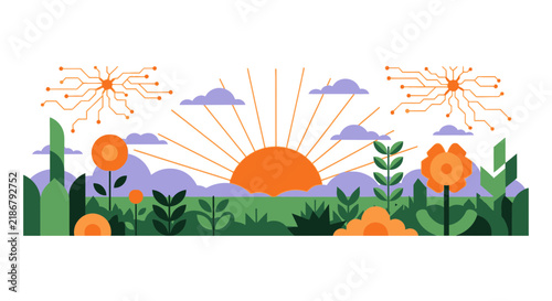 Geometric Flat Design Landscape with Sunrise and Digital Circuit Clouds Representing Eco-Technology