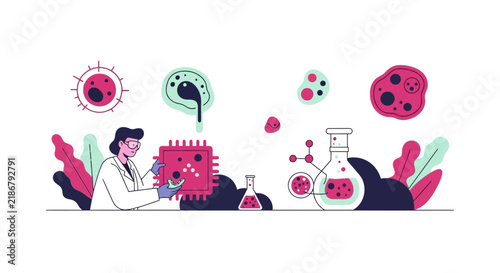 Biotechnology Research Illustration: Female Scientist Integrating Nanotechnology and Microbiology