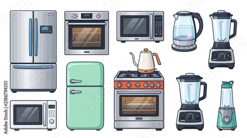 Collection of Modern Kitchen Appliances Including Refrigerator Microwave Oven Blender and Stove.