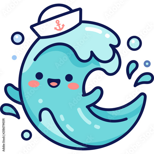 Cute Cartoon Ocean Wave Sailor Mascot Character Kawaii Nautical Sticker Illustration