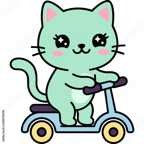 Cute Mint Green Cartoon Cat Riding a Blue Scooter Character Illustration