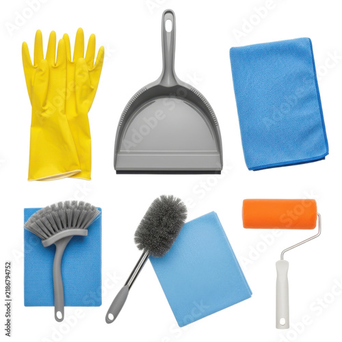 comprehensive cleaning supplies including gloves, broom, dustpan, microfiber cloth, scrub brushes, roller, and accessories