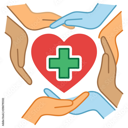 Diverse hands surrounding a red heart with a green medical cross symbol medical care community support heart icon charity work health insurance medical assistance human hands helping hands