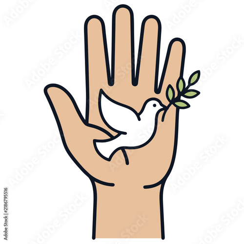 Human hand open palm holding a white dove with an olive branch symbolizing peace and nature protection humanity environment kindness wildlife conservation sustainability peaceful