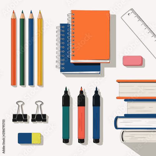 Flat school supplies collection, colorful stationery set with notebooks and pencils, educational office tools vector illustration