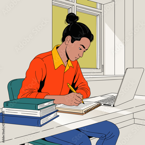 Flat vector illustration of a student studying at a desk. Young person writing in a notebook with a laptop and books. Education and remote learning concept.