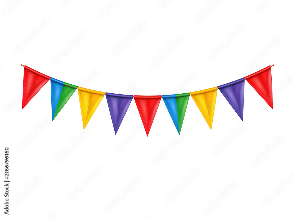 Fototapeta premium Colorful triangular bunting flags hanging in a row isolated on a white background