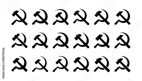 Set of hammer and sickle icons, symbols of communism and socialism, vector illustration