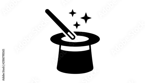 Magic hat with wand and stars, representing magic, illusion, creativity, wizardry, or special effects, flat vector graphic