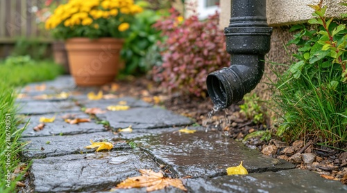 Black downspout draining rainwater onto stone garden path with autumn leaves