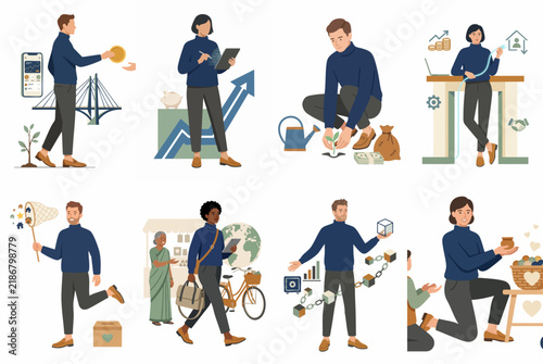 Set of flat illustrations depicting people managing finances, investing, traveling, and achieving personal growth through various activities and smart decisions.