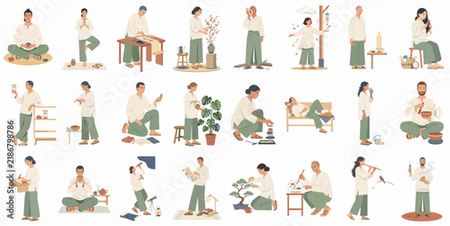 Collection of People Engaging in Mindful Activities, Hobbies, and Wellness Practices for a Healthy Lifestyle, Minimalist Flat Vector Illustrations