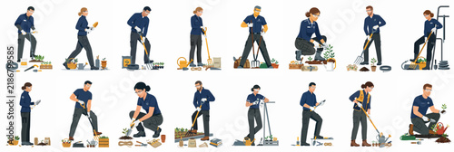 Set of Professional Gardeners and Landscapers in Various Poses with Tools and Plants Isolated on White Background