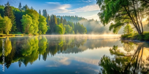 Serene lake scene with calm water, misty atmosphere and surrounding trees, morning light filtering through the foliage , peaceful lake reflection, forest surroundings