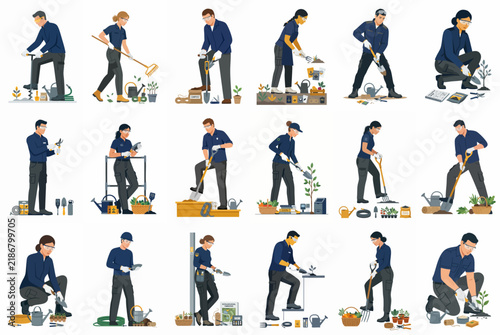Set of flat vector illustrations featuring diverse men and women performing various gardening tasks like planting, digging, and pruning on a white background.