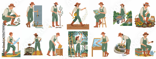 Collection of diverse farm and garden activities showing farmers in green overalls engaged in sustainable agriculture, planting, pruning, and harvesting.