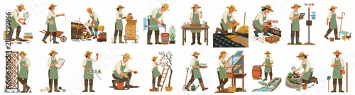 Set of flat vector illustrations depicting people engaged in various agricultural, farming, and gardening activities such as planting, harvesting, and beekeeping.