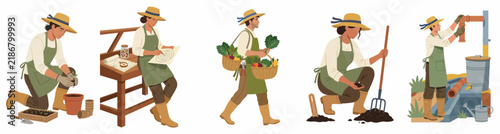 Illustrations of a woman gardener performing diverse tasks including planting seeds, planning, harvesting vegetables, tilling soil, and managing gardening equipment and tools.