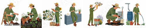 Vector illustrations of people engaged in sustainable gardening practices, including planting, composting, beekeeping, and rainwater harvesting for eco-friendly lifestyle.