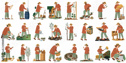 Collection of illustrations depicting various sustainable gardening, permaculture, and farming activities performed by diverse people in a consistent flat illustrative style.