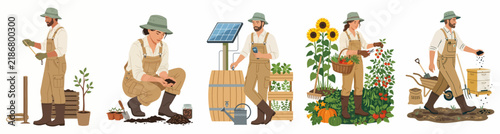 Set of Illustrations Depicting Sustainable Farming Practices, Gardening, and Eco-Friendly Agriculture with Farmers Working in Harmony with Nature.