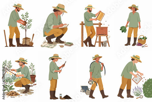 Illustrative Set of Farmers and Gardeners Engaged in Various Agricultural Tasks Like Planting, Pruning, Beekeeping, and Harvesting.