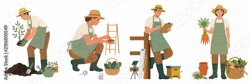 Flat illustration set of farmers and gardeners planting trees, harvesting vegetables, and managing farm activities isolated on white background.