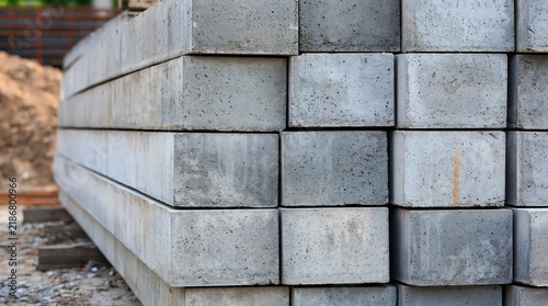 Obraz na płótnie Stack of grey rectangular concrete beams at construction site