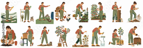 Flat illustration set of various people engaged in gardening, farming, and agricultural activities like harvesting, planting, and beekeeping on a white background.