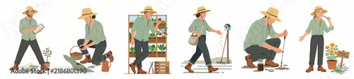 Set of flat vector illustrations of a female farmer engaged in various agricultural activities like sowing seeds, harvesting crops, and tending to plants.
