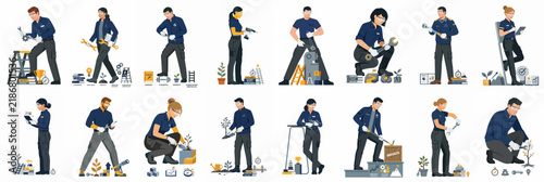 Collection of diverse industrial and maintenance workers in uniforms performing various manual tasks and repairs, flat vector illustration set.
